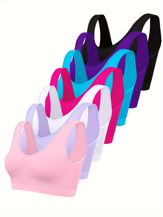 7 PCS Set Multi-Colors Solid Seamless Sporty Bra, Comfy & Breathable Bra, Women's Lingerie & Underwear