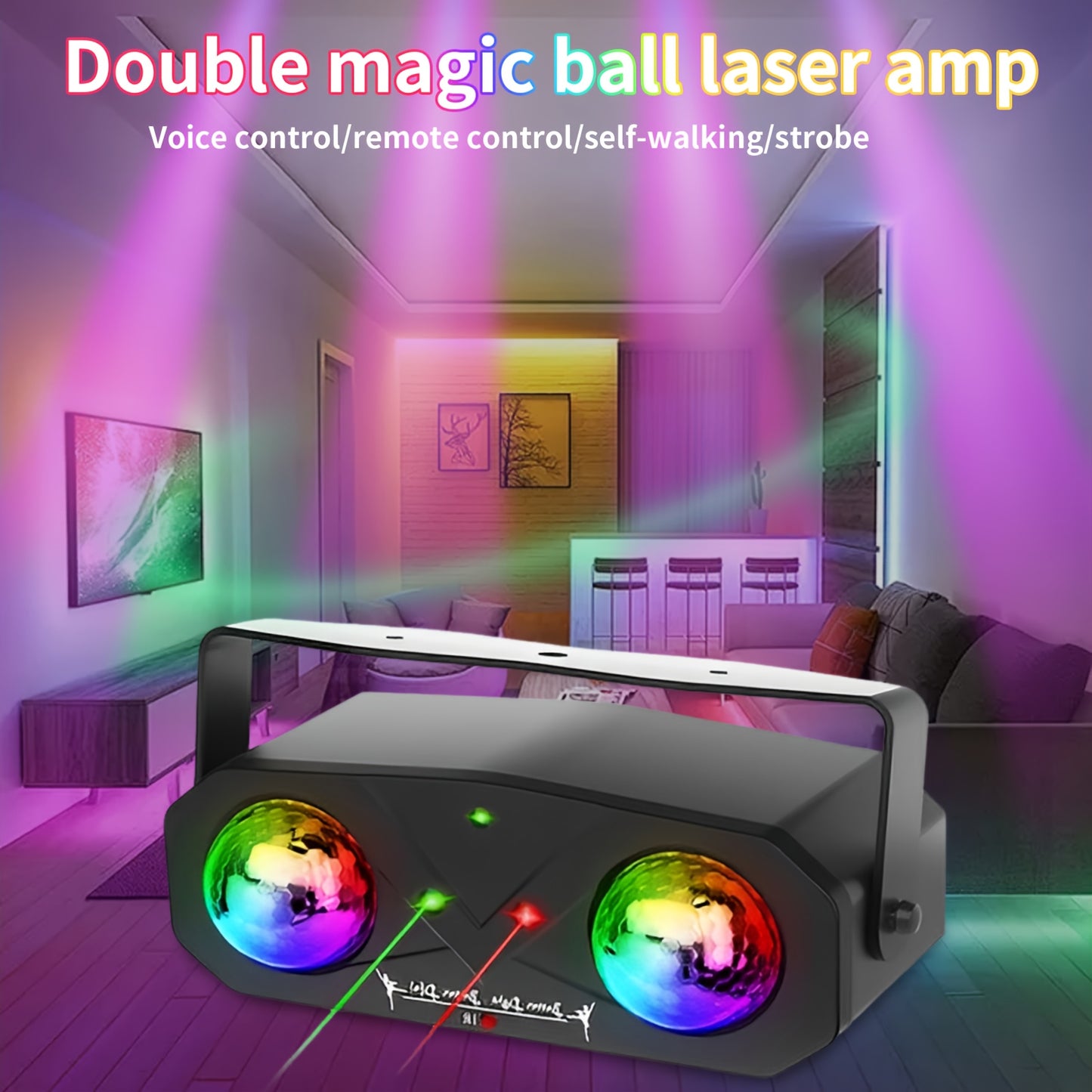 Double Magic Ball Laser stage light, LED + laser, flashing light effect, voice control with remote control, handle design, USB power supply, suitable for gatherings, parties, birthdays, festival essential atmosphere light, La