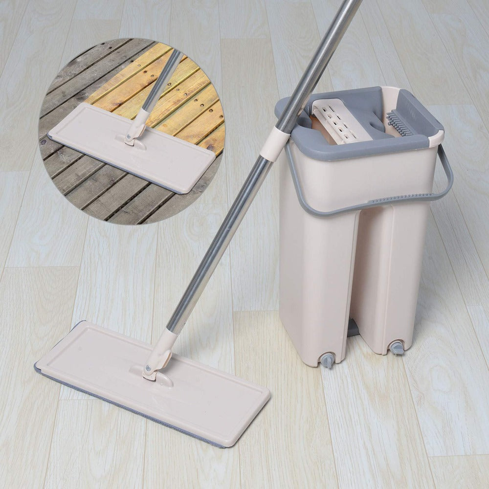 360° Flat Mop Set + 4 Squeeze Microfiber Mop and Bucket Set Floor Mop and Bucket System Set Mop Home Floor Tiles Cleaning Wet Dry Cleaning Buckets for Floor Cleaning