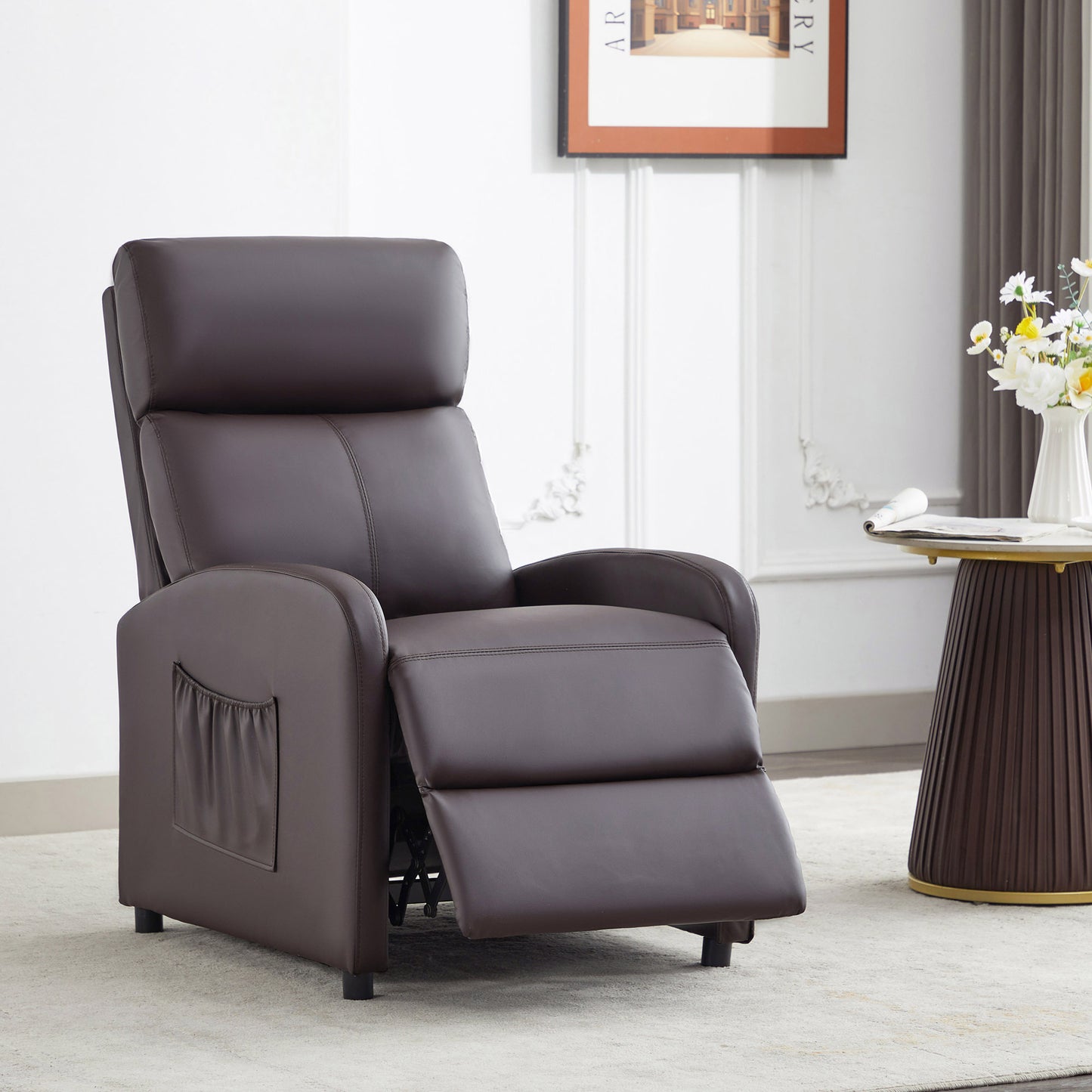 Push Back Recliner Chair Bed , Single Sofa with Lumbar Support, Padded Backrest, Side Pocket and Adjustable Leg Rest for Home Living Room