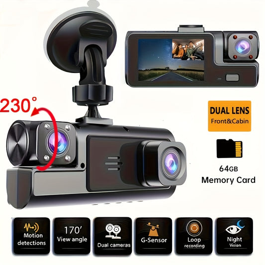 Dash cam with 64G memory card included, optional without card available, front camera 1080P, rear camera 720P, Dash Cam for Cars, Vehicle Security Camera, Modern Car Accessory, Easy Control Buttons, Car Safety Device, Stylish