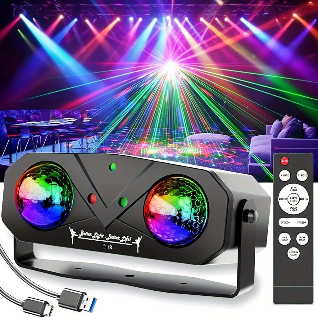 Double Magic Ball Laser stage light, LED + laser, flashing light effect, voice control with remote control, handle design, USB power supply, suitable for gatherings, parties, birthdays, festival essential atmosphere light, La