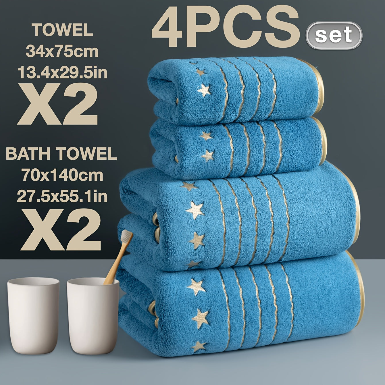 4/6-PCS Set Ultra-Soft Golden Thread Light Luxury Five-Star Embroidered Towel Bath Towel Set, 2 Bath Towels 69.85 X 139.95 cm, 2 Hand Towels 34.04 X 74.93 cm, 2 Washcloths 34.04 X 34.04 cm, Perfect for Home, Hotel, and Spa Us