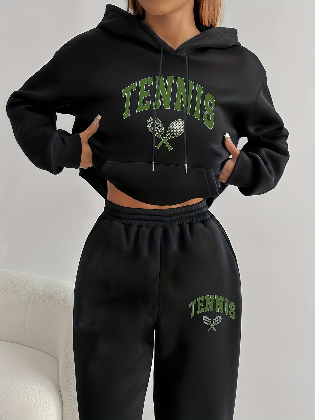 Autumn Winter Women's Casual Sports Two-Piece Set Long Sleeve Hooded Sweatshirt Sweatpants Set Tennis Pattern Lace-Up Pocket Design Simple Versatile Dynamic New Arrival