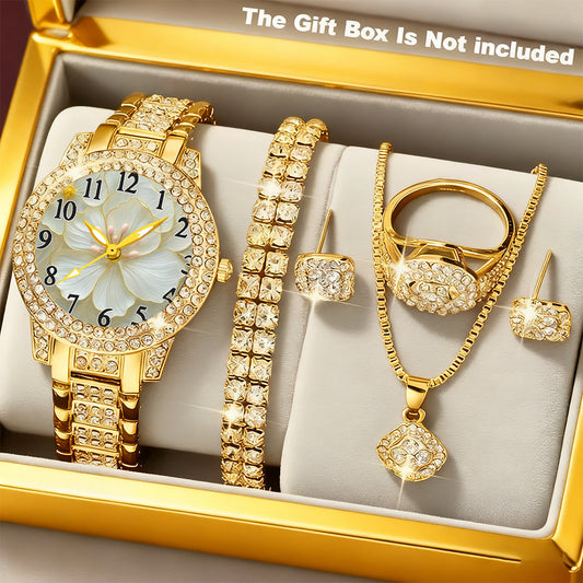 NEW 6 PCS Set Minimalist Quartz Watch & Gift Set - Stainless Shockproof Wristwatch with Matching Necklace, Earrings, Bracelet & Ring - Elegant Digital for Birthdays,, Graduations - Luxury Matching