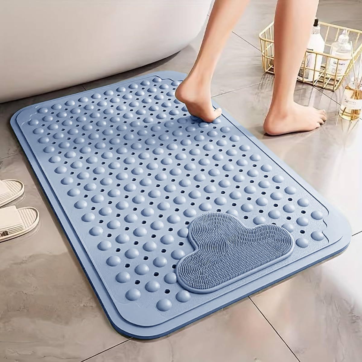 60x90cm Green Blue Cream and Gray Color Foot Massager – Textured Shower Mat with Suction Cup Backing, Drain Holes, and Easy-Clean Surface Bathroom Accessories