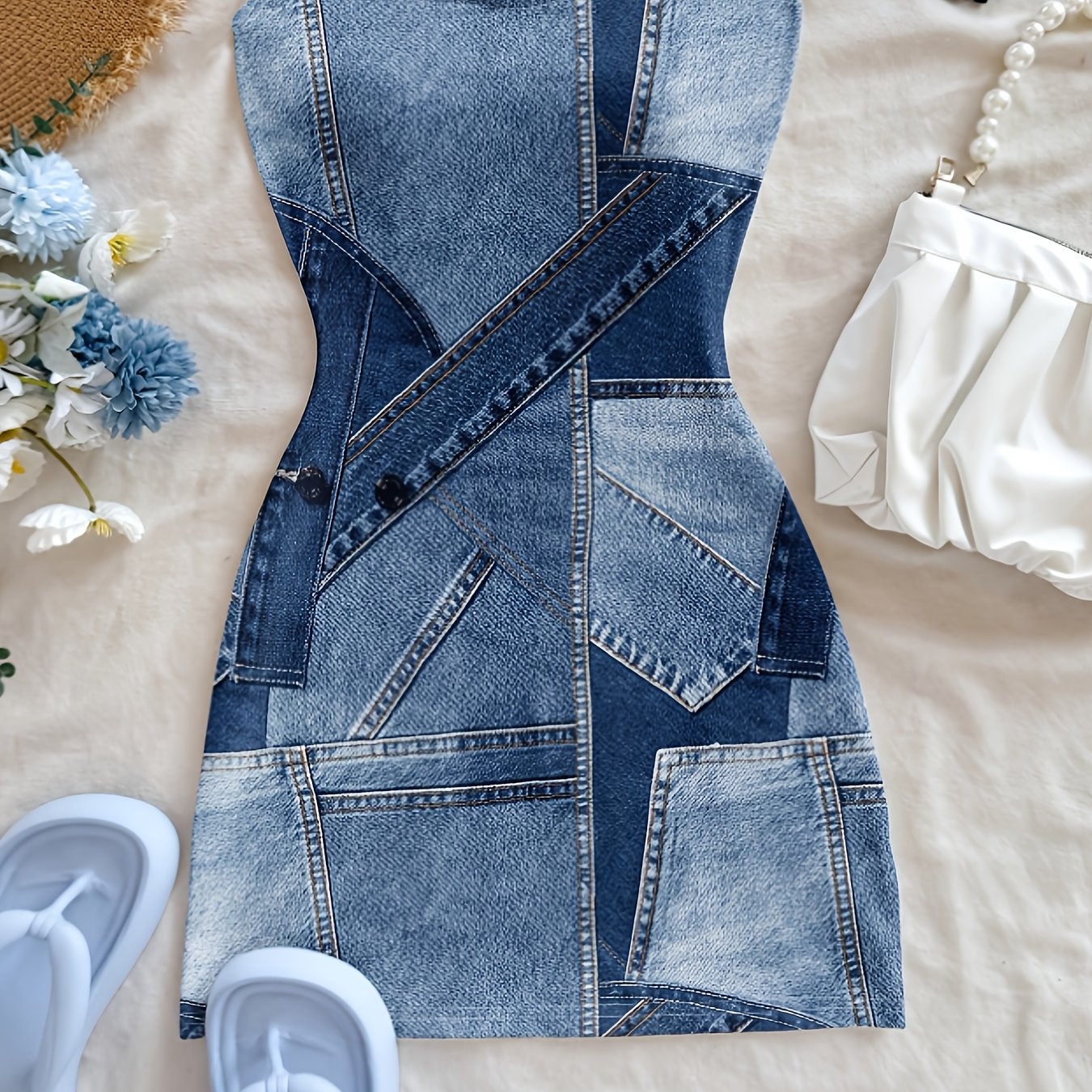 Siamese Cat Directional Print Denim Patchwork Dress Summer Outfit Women Casual Streetwear Clothes