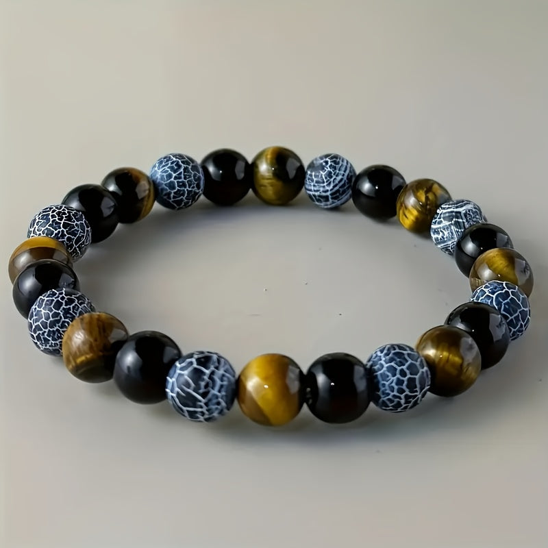 Natural Stone Stress Relief  Wealth Attraction Bracelet - Bohemian Style Black Tiger Eye Synthetic with Golden Brown Stripes, Unisex, for Daily Wear and Special Occasions - Attracts Money and Prosperity - Birthday, Anniversar