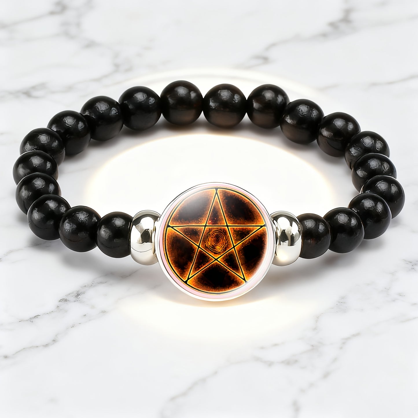 A Packaged Item (Teenager's Classic Style Black Plastic Bead And Chain Bracelet), Featuring a Unique Design with a Mysterious Pentagram Pattern Surrounded by Golden Light And Spiral Textures
