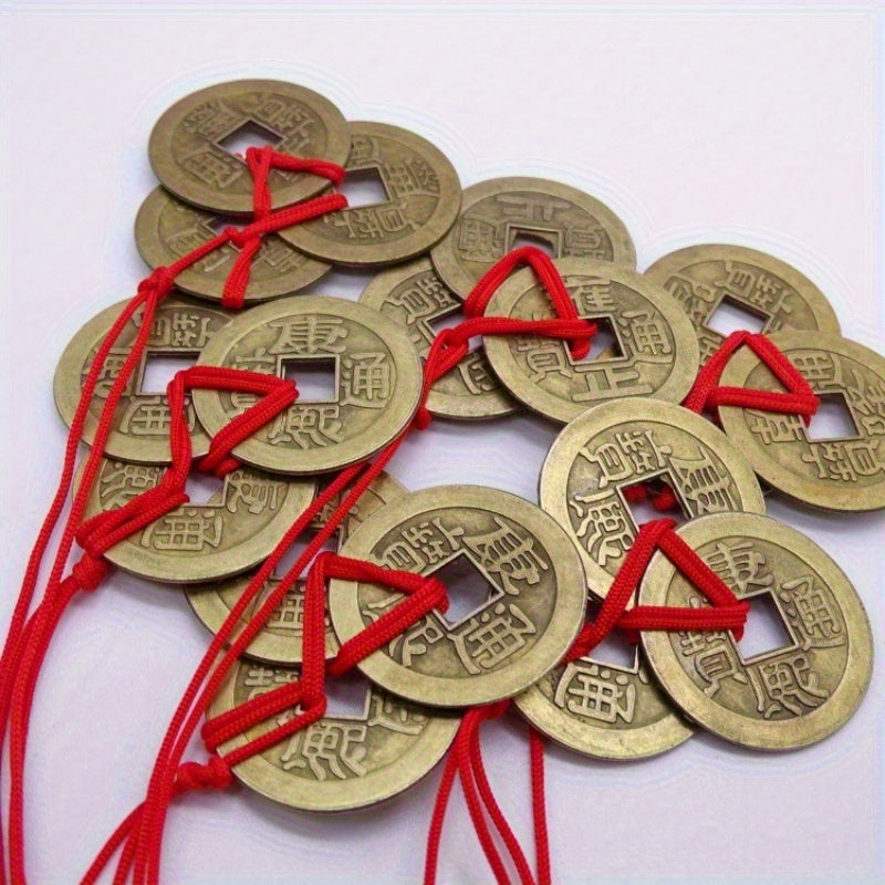 NEW 9 PCS  Retro Chinese Traditional Red Rope Lucky Coins - Antique Brass Feng Shui Decorative Pendant, Feng Shui Decoration, New Year, Spring Festival, Christmas Decoration, Feng Shui Accessories