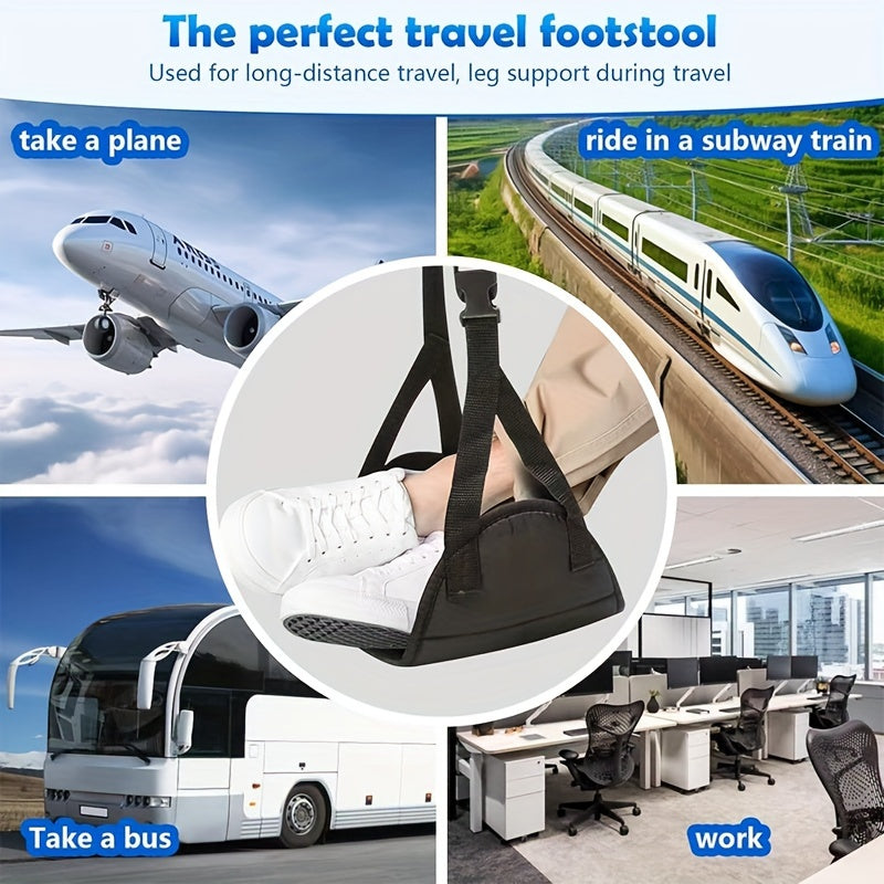 Airplane Travel Black Footrest Portable Adjustable Strap for Travel Lightweight Desk Hammock Leg Rest for Airplanes, Offices, Outdoors, and Cars.