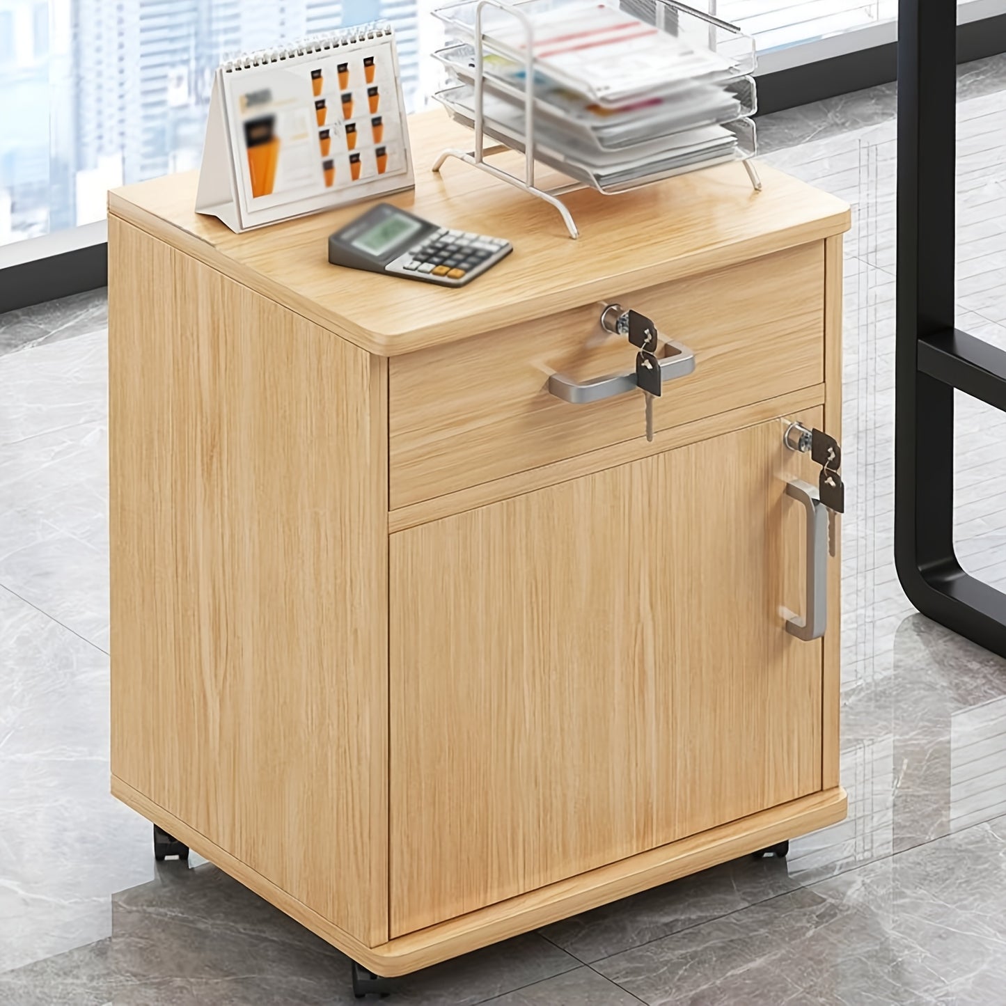 Three-Drawer File Cabinet, Movable Printer Stand with Adjustable Shelf, Rolling Lateral Filing Cabinet on Wheels, Bedside Storage Unit with Lock And Removable Wheels, Anti-Theft End Table for Document Storage in The Bedroom