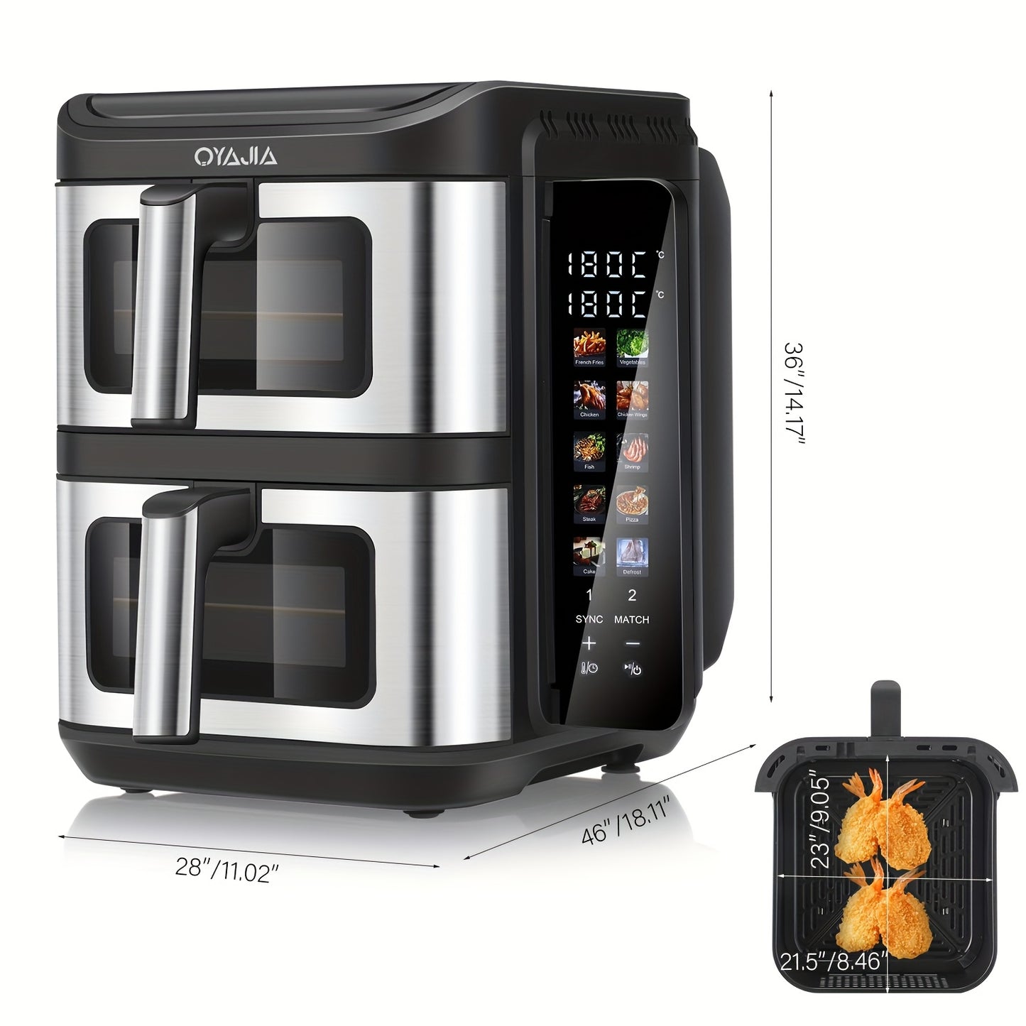 Professional 2800W Dual-Cavity 11L Family Air Fryer with Dual Drawers & Viewing Window, 10-in-1 Cooking (Air Fry/Bake/Roast), Heavy-Duty ABS/S Stainless, Oversized Basket for whole Chicken, Dishwasher-Safe for Large Gathering