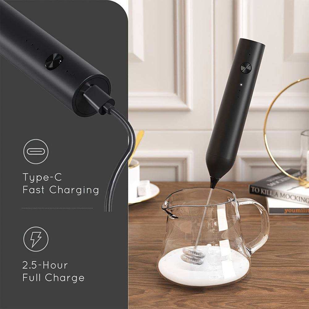 Rechargeable Electric Milk Frother, Handheld Foam Maker Whisk with 2 Heads 3 Speeds Drink Mixer, Built-in Mixing Heads for Both Milk Beaters And Egg Beaters, Quick Foaming Coffee Whisk for Coffee, Latte, Wedding Gifts, Portab