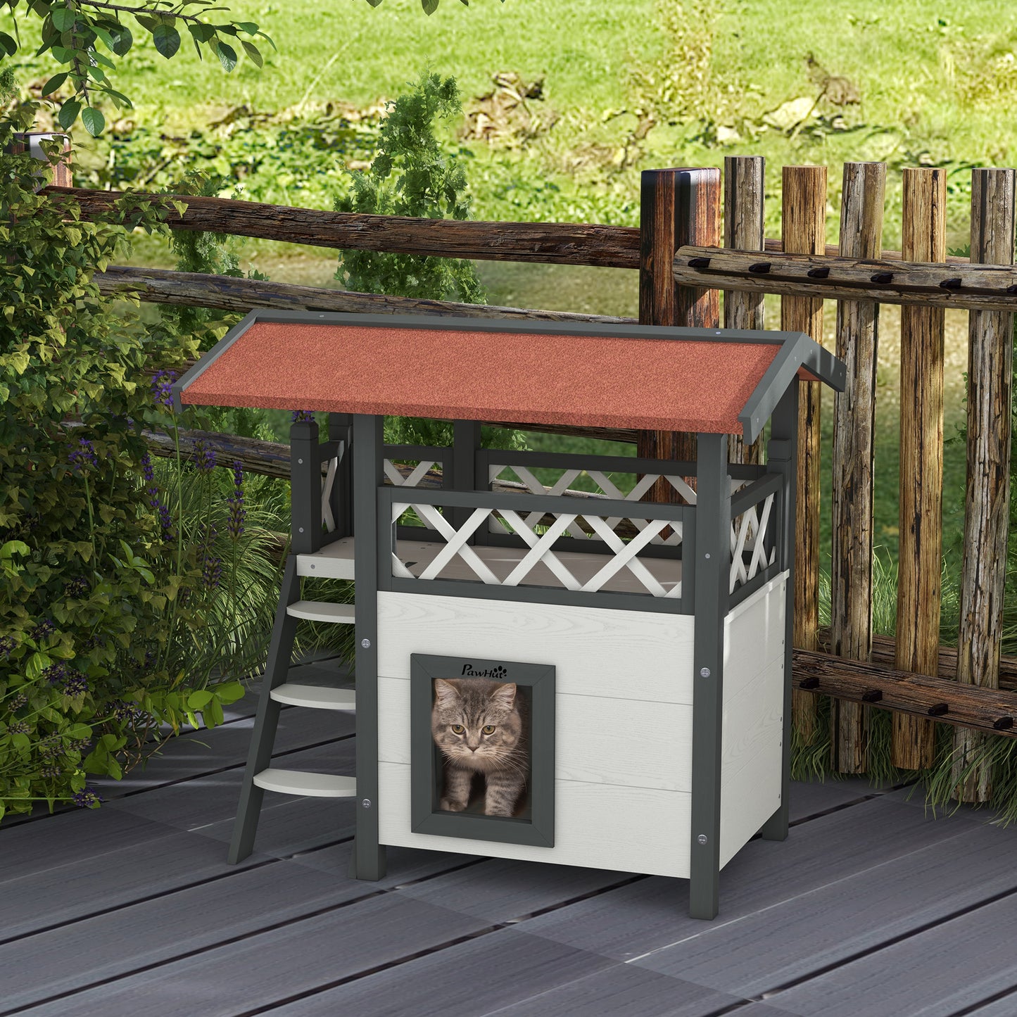 Outdoor Cat House Kitten Shelter Puppy Kennel with Balcony Stairs Asphalt Roof, 77 x 50 x 73 cm