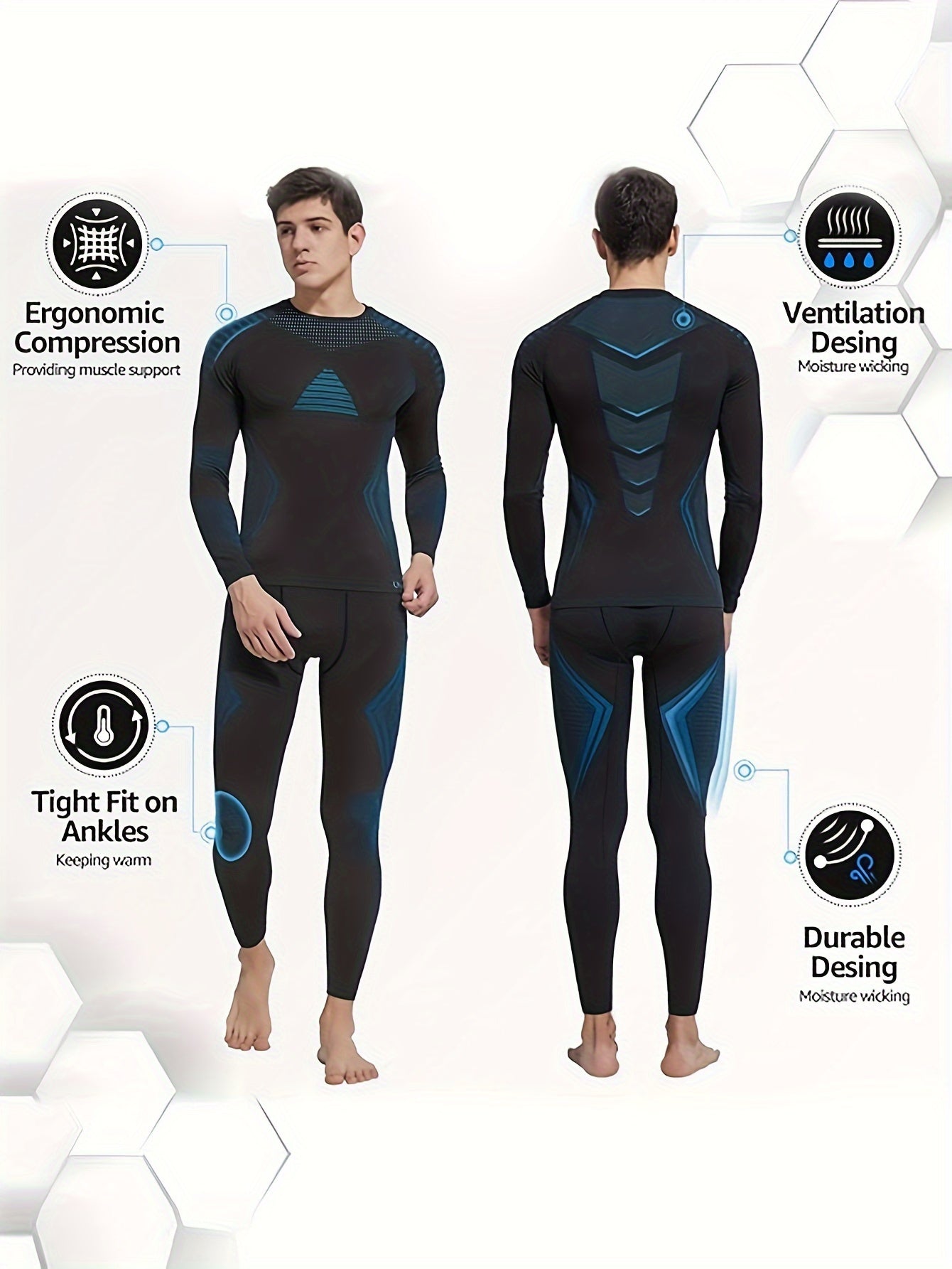 2 PCS Set UK Size  Autumn/Winter Men's Thermal Shapewear Set, Outdoor Skiing Warm Tight Pants and Long-Sleeve Top with Fuzzy Lining for Skating, Cycling Gym Running Yoga & Sports