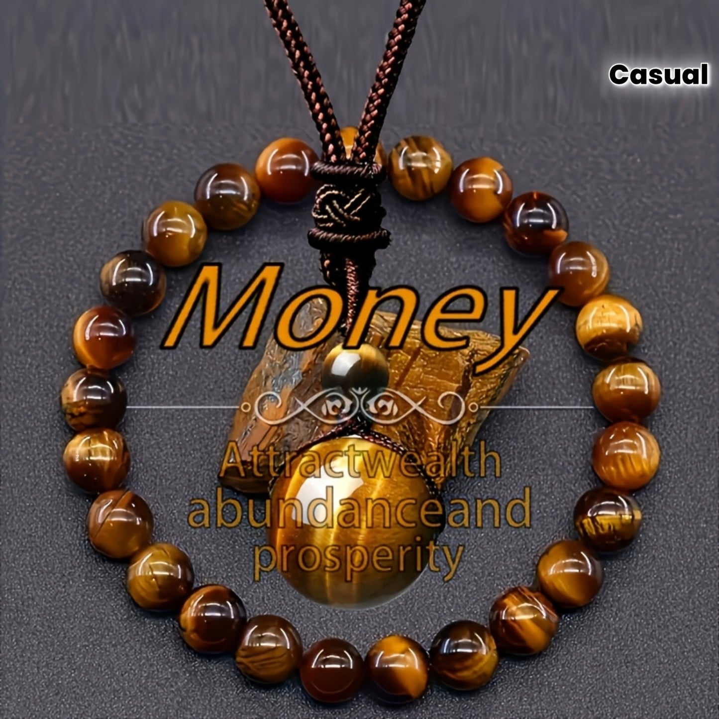 2 PCS  Set of Natural Tiger's Eye Stone Bracelet And Round Tiger's Eye Stone Necklace, Adjustable - Lucky Bracelet - Attract Wealth, Harvest And Prosperity - Suitable for Casual Wear And Special Occasions Jewelry Accessories