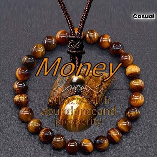 2 PCS  Set of Natural Tiger's Eye Stone Bracelet And Round Tiger's Eye Stone Necklace, Adjustable - Lucky Bracelet - Attract Wealth, Harvest And Prosperity - Suitable for Casual Wear And Special Occasions Jewelry Accessories