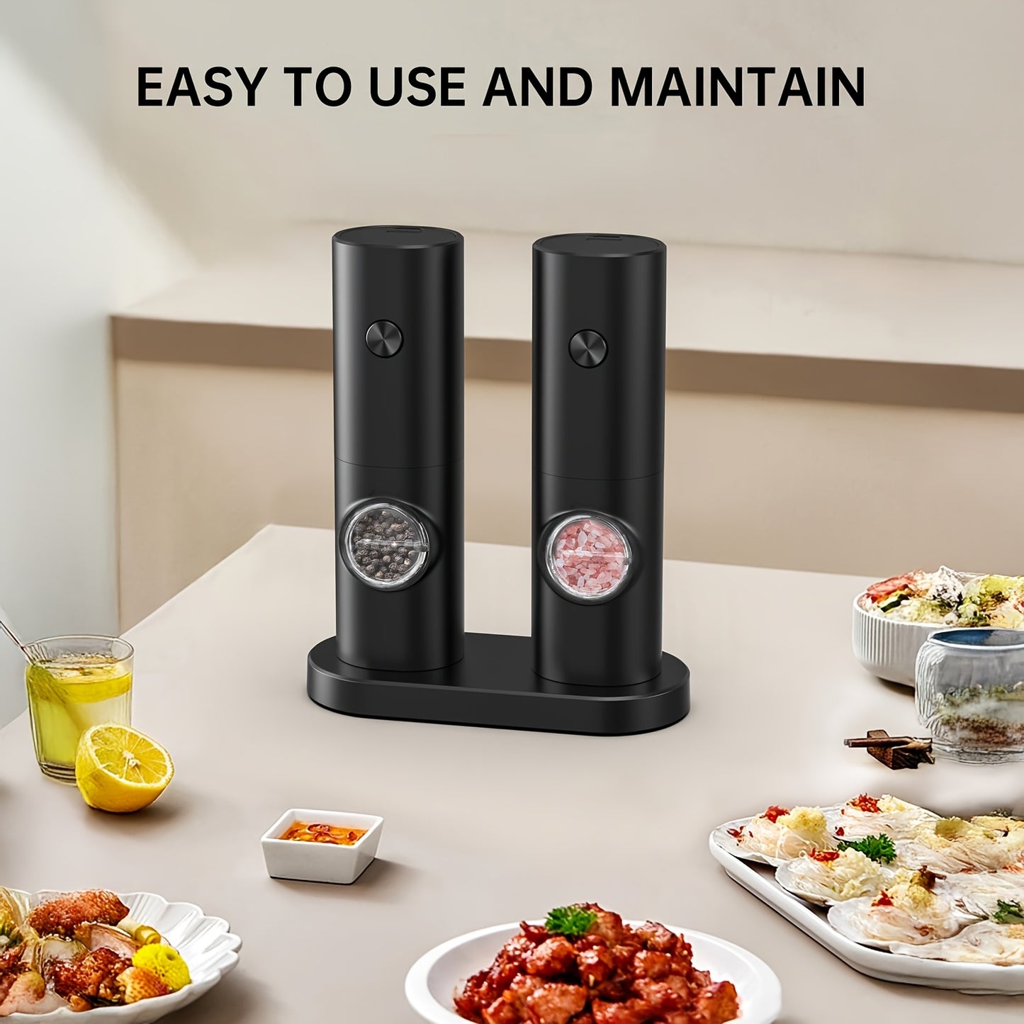 Electric Salt Pepper Grinder, Battery Powered Convenient (Batteries Not Included), Dual-Compartment Design with Base, Practical White LED Light, Coarse and Fine Adjustment, One-Click Operation, Black Durable