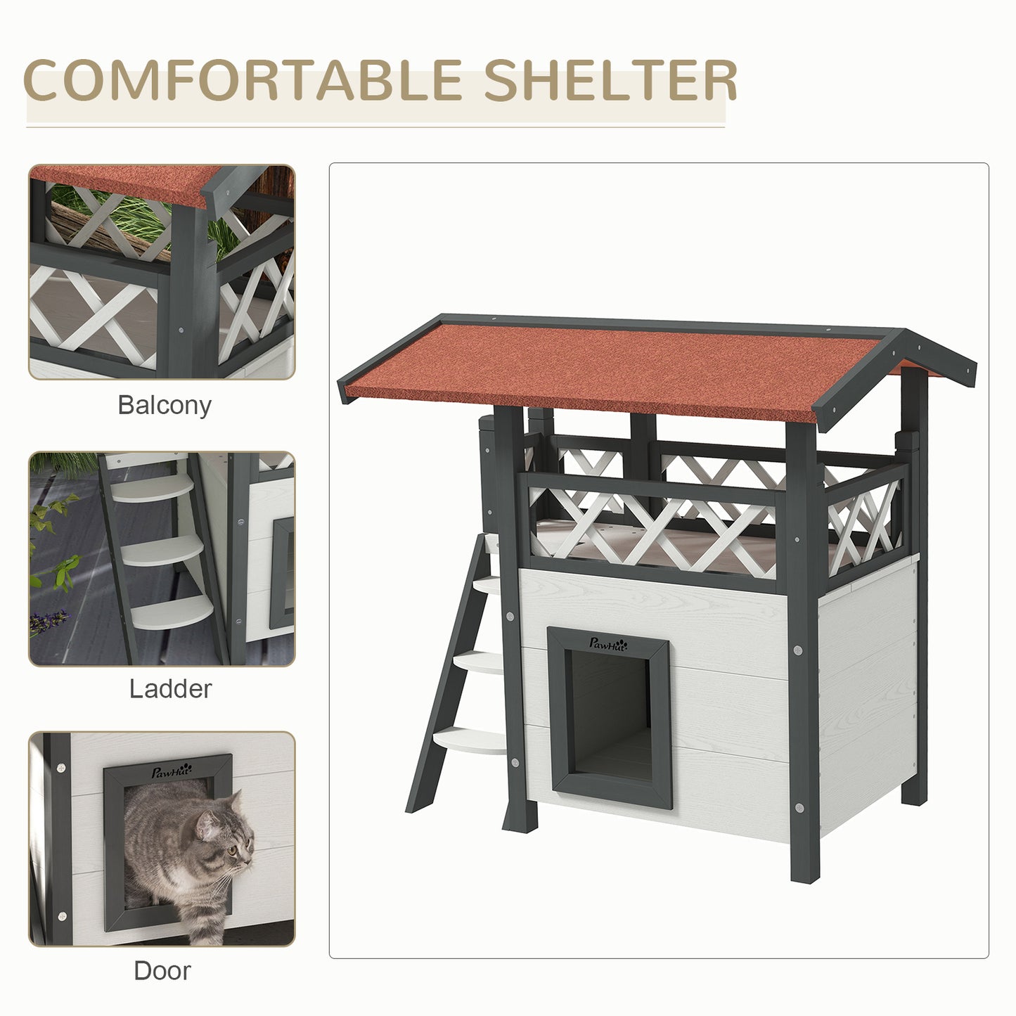 Outdoor Cat House Kitten Shelter Puppy Kennel with Balcony Stairs Asphalt Roof, 77 x 50 x 73 cm