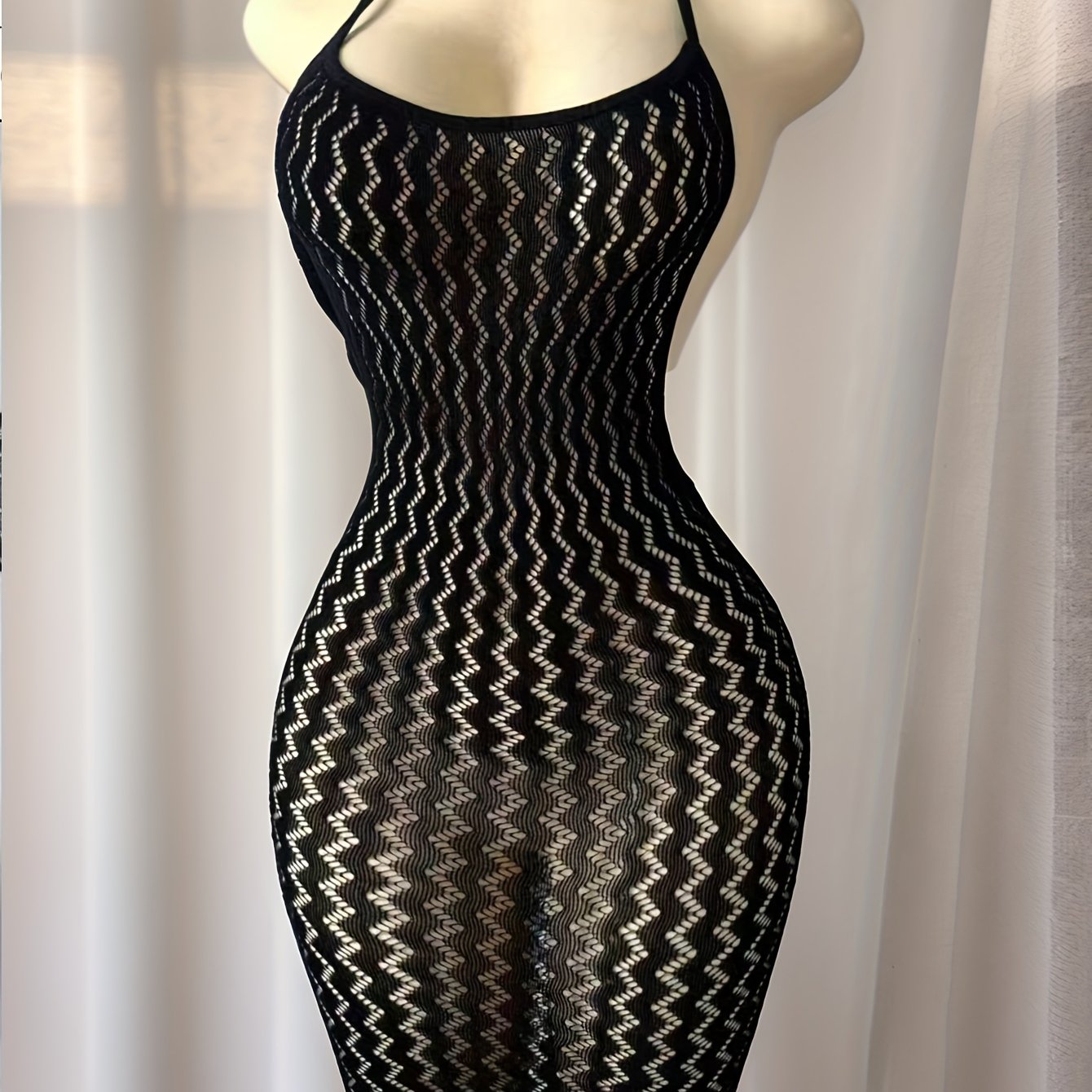 Sexy Plus Size Backless See Through Bodycon - High Elasticity Fishnet Cover Up with Striped Pattern & Cut-Out Details, Form-Fitting Beachwear for Music Festivals, Vacations, Summer Swimwear (See-Through Black), Festival Atti