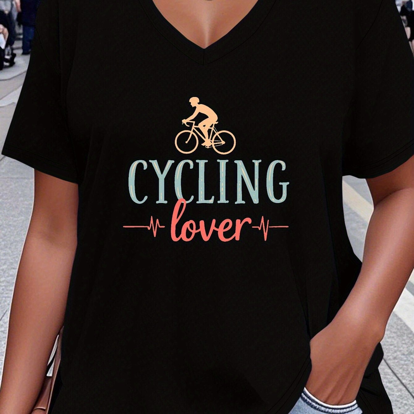 For Big Girls XL-5XL UK (18-26) Plus Size Women's Sporty Cycling Lover Heartbeat Graphic V-Neck T-Shirt - Breathable Fabric, All-Season Comfort, Machine Washable, Cycling Jersey, Leisure Wear, Casual Style, Comfortable Fit, A