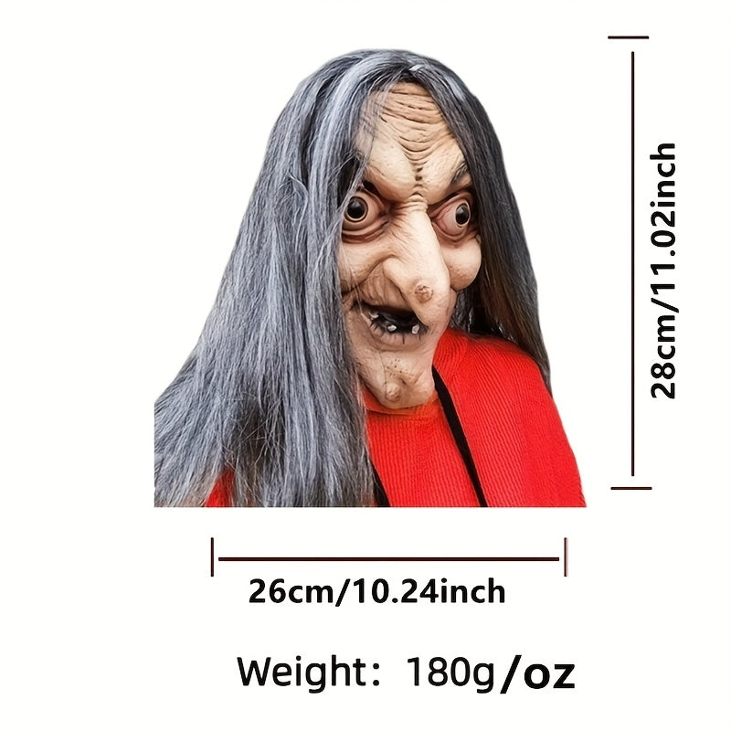 Realistic Witch Latex Mask - Scary Full Face Halloween Costume Accessory with Long Gray Hair & Wrinkled Features for Parties, Performances, and Role-Playing, Themed Party Mask | Scary Character Visage | Latex Full Mask