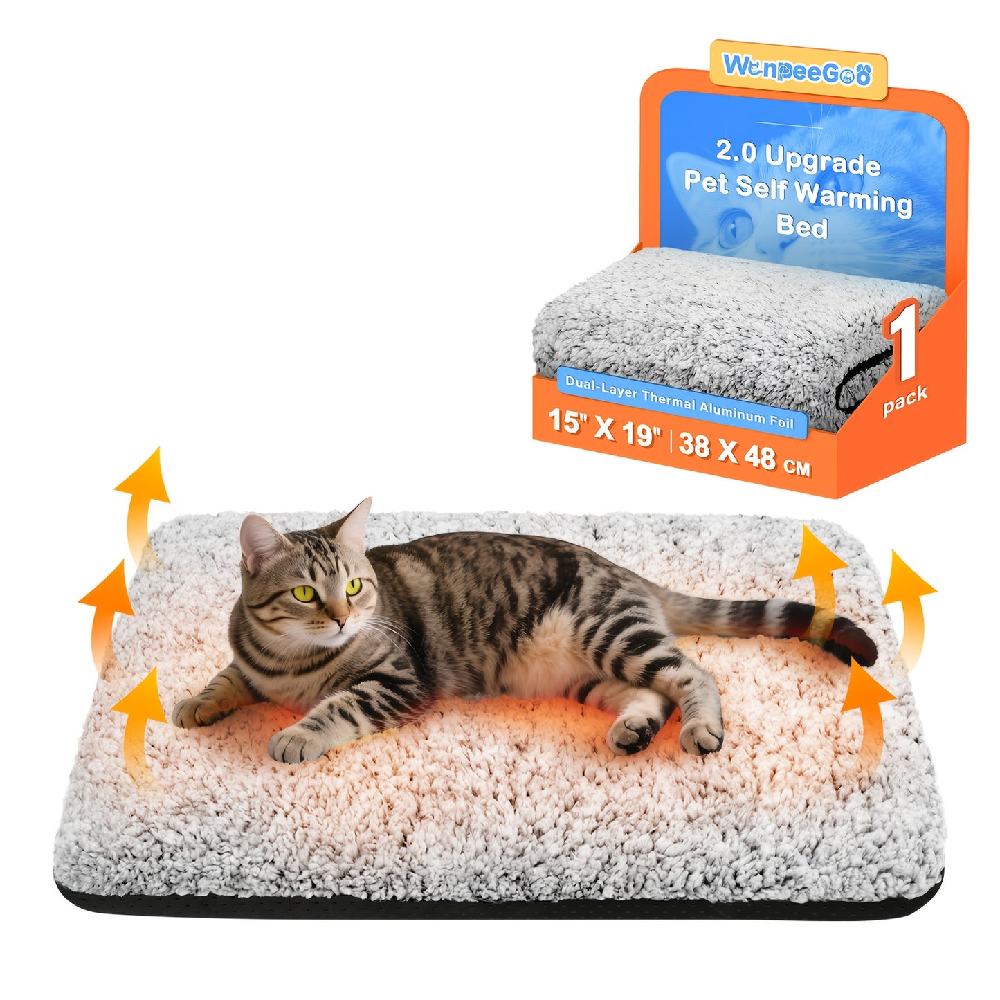 2.0 Upgraded Self-Warming Cat Bed with Dual-Layer Thermal Foil Heating Pad - Plush Non-Slip Pet Mat, Removable Washable Cover, 15"x19" (38x48cm) for Crate & Floor Use, Cozy Warmth for Small/Medium Dogs & Cats