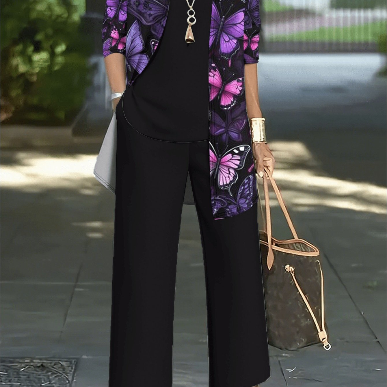 For Curvy Ladies 3 PCS Set XL-5XL UK (18-26) Plus-Size Women's Blazer Suit with Camisole, Pants & Jacket - Full-Body Print Round Neck Matching Outfit, Machine Washable Coordinated Ensemble for, Semi-Formal Events & Casual Att