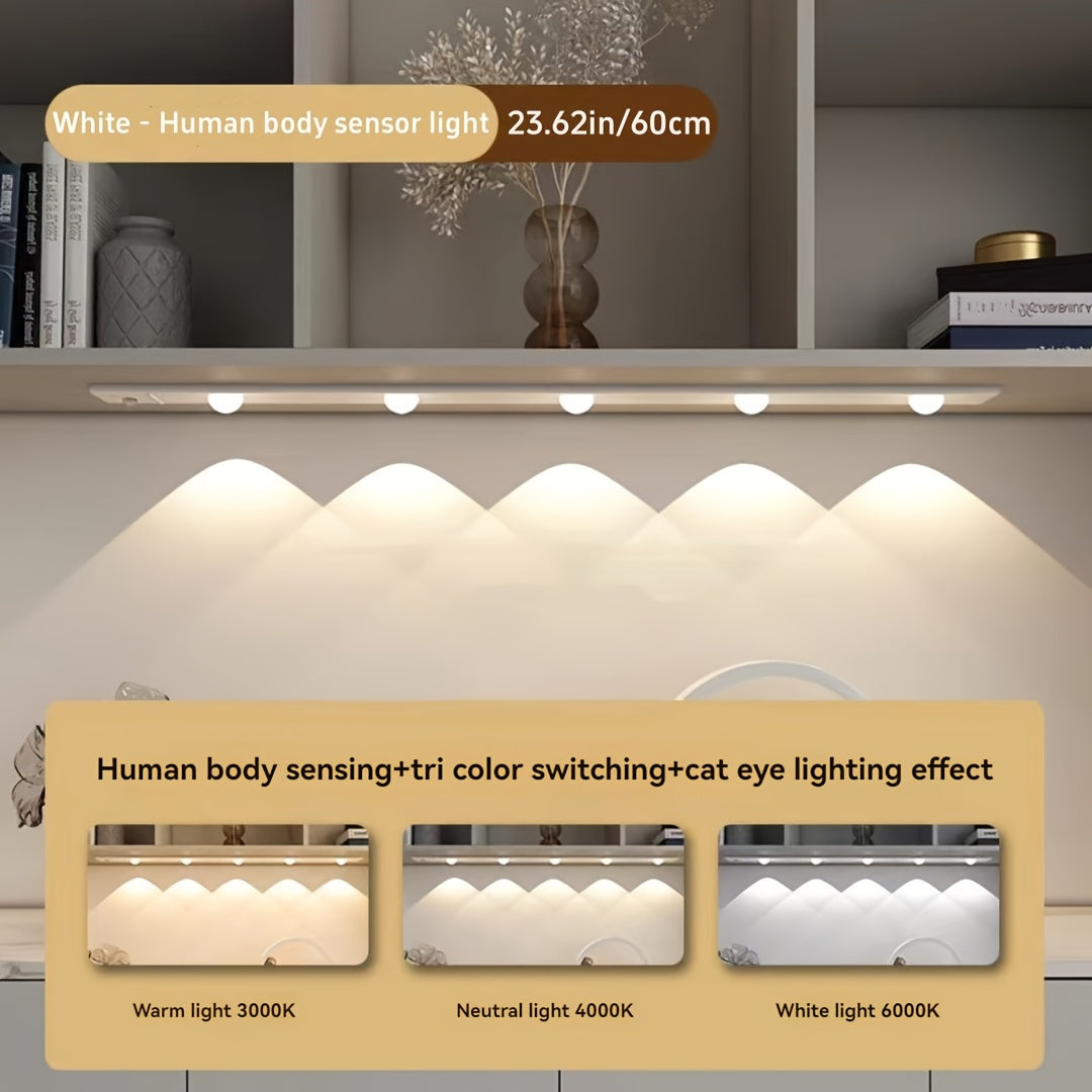 NEW Modern LED Motion Sensor Cabinet Light with Magnetic USB Charging, Wireless Motion Detection, Ultra-Thin Slim Profile, 3-Color Adjustable LED, Magnetic Ceiling/Wall/Bedside Lighting for Kitchen, Wardrobe, Bathroom, Displa