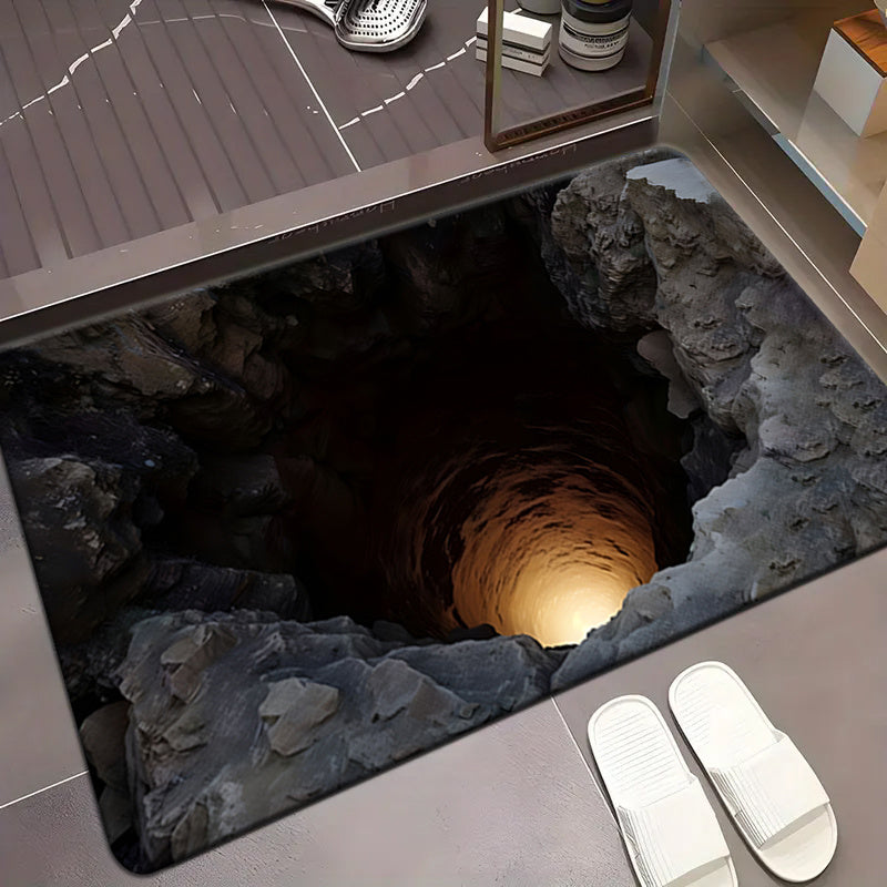 2D Optical Visual Illusion Deep Cave Themed Doormat, Soft Flannel Welcome Mat with Non-Slip Feature, Outdoor Carpet for Entryways, Machine Washable, Foldable, Durable Polyester Fiber, Suitable for Bathrooms, Kitchens, Living