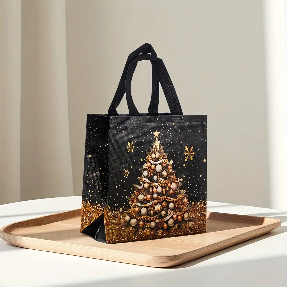 20pcs Festive Christmas Gift Bags - Snowman, Tree & Stocking Design, Black & Golden with Handles, Non-Woven Tote Bags for Holiday Parties, 23*22*11cm, Christmas Gift Bags, Christmas Decorations, Christmas Decor, Christmas Gif