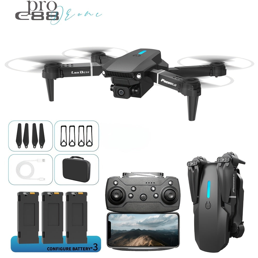 E88 Pro! Featuring a Foldable Design,  Compact And Lightweight, Available in Two Minimalist Colors: Black And Gray, Along with a Sturdy Build. It Has Dual 480P Cameras And Remote Control Operation