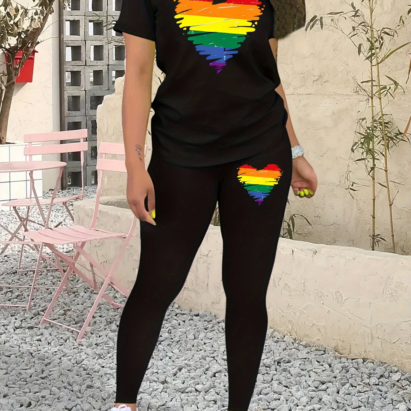 UK Size Women's LGBTQ+ Pride Outfit - Black Background Rainbow Heart Matching Two-Piece Set, Soft Breathable Fabric Casual Lesbian Couples Casual Attire LGBTQ+ Celebration Clothing, Geometric Print, Lightweight Summer Wear, C