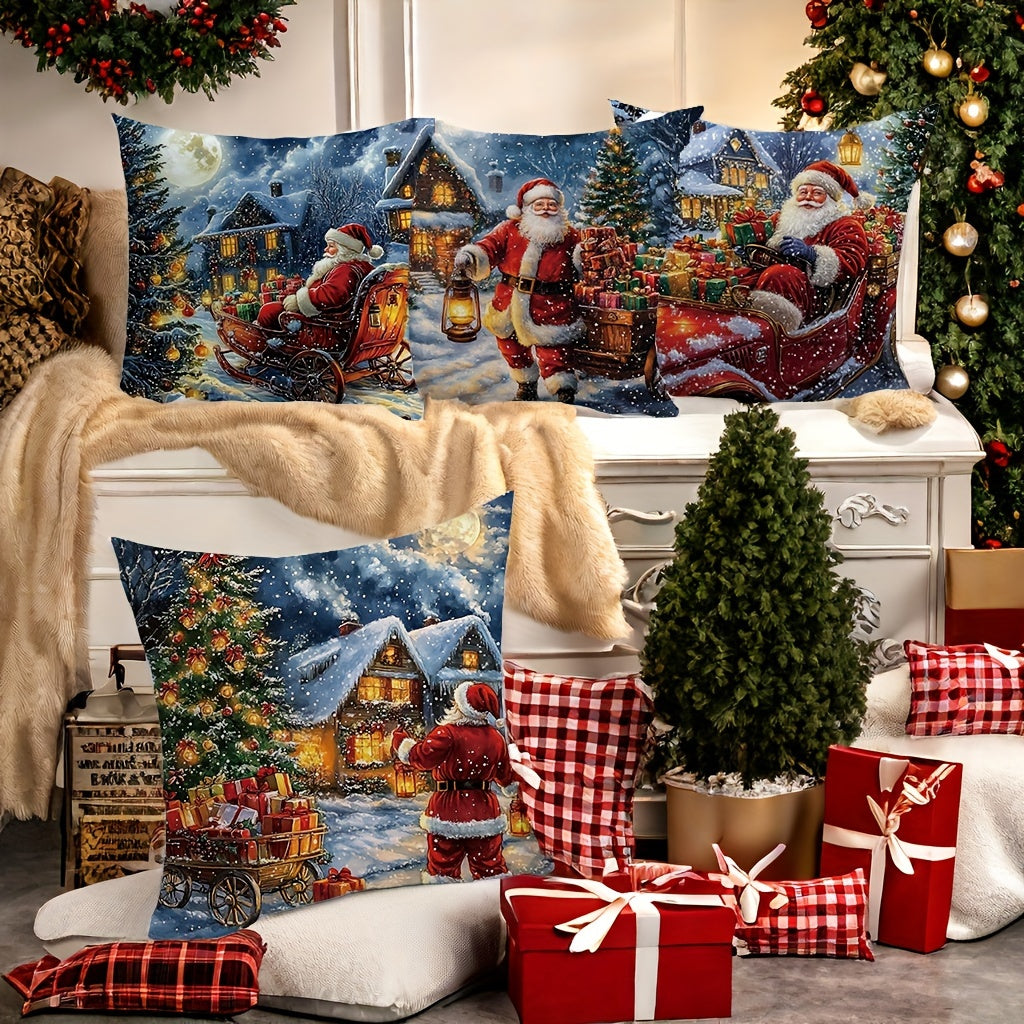 4-Piece Christmas Throw Pillow Covers Set, Contemporary Style, Hand Wash Only, Zipper Closure, Woven Polyester, Santa Claus, Christmas Tree, Sled, Reindeer Printed Cushions for Living Room Decor, 45.01cm