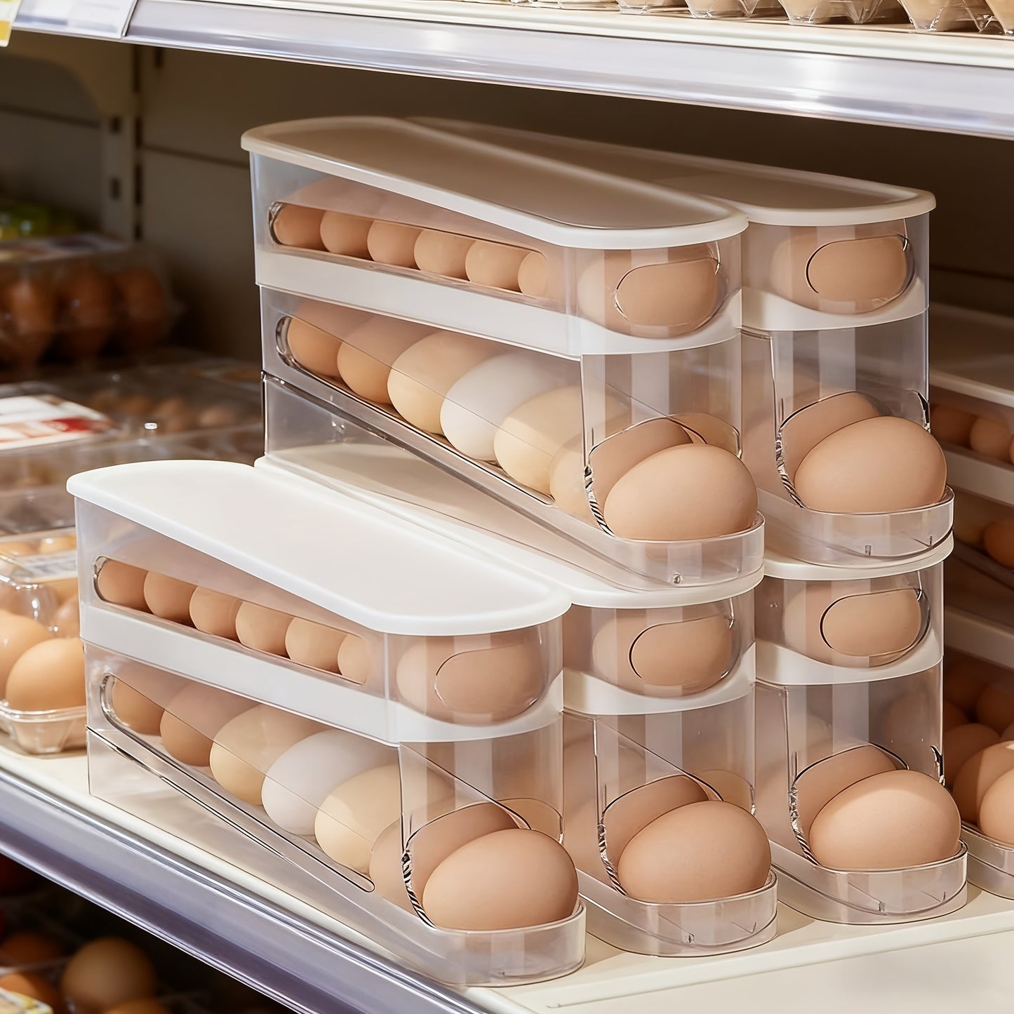 Space-Saving Refrigerator Side Door Rolling Egg Storage Box - Durable Plastic, No Batteries Needed, 2-Tier Transparent Compartments for Easy Egg Access & Organization, Kitchen & Fridge Organizer, Egg Organizer for Refrigerato
