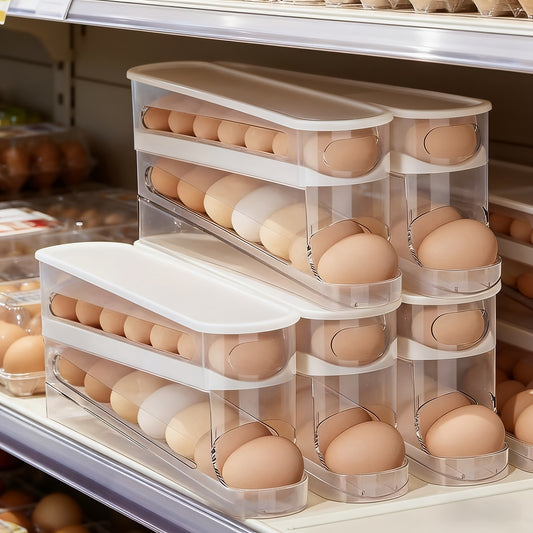 Space-Saving Refrigerator Side Door Rolling Egg Storage Box - Durable Plastic, No Batteries Needed, 2-Tier Transparent Compartments for Easy Egg Access & Organization, Kitchen & Fridge Organizer, Egg Organizer for Refrigerato