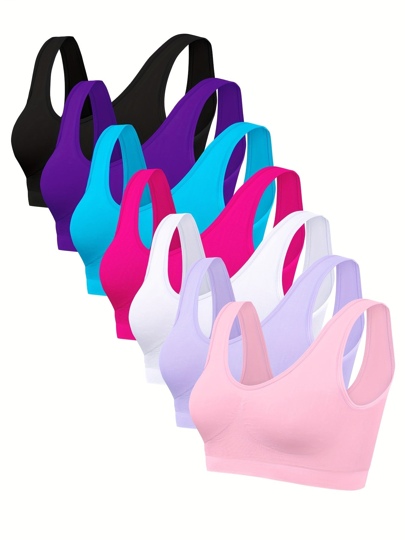 7 PCS Set Multi-Colors Solid Seamless Sporty Bra, Comfy & Breathable Bra, Women's Lingerie & Underwear