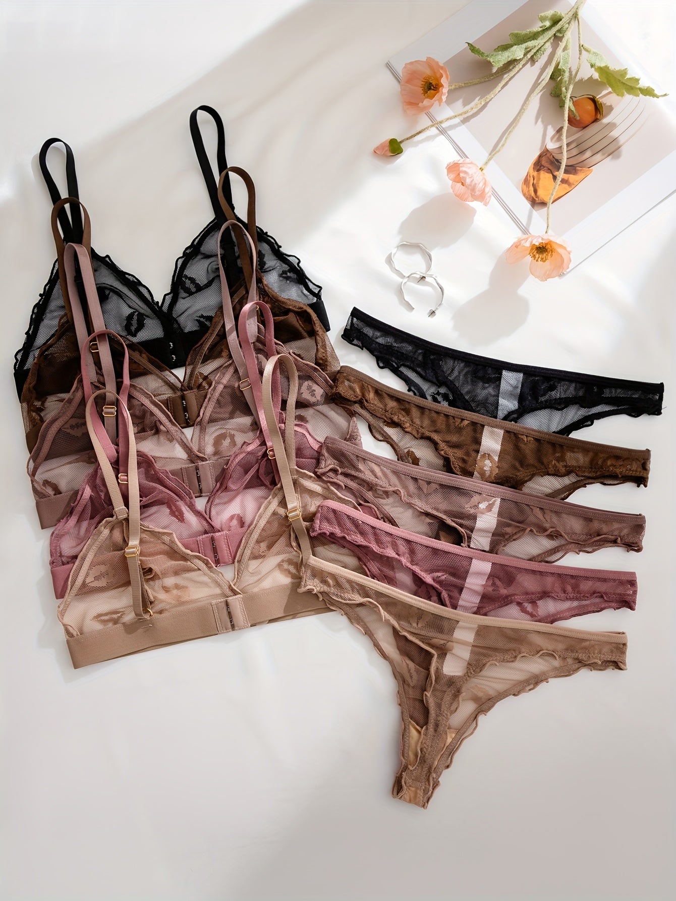 5pcs Women's Full-figured Wire-Free Ruffle Trim Lace-Like Semi-Sheer Bra & Panty Set - Soft Comfortable Underwear Collection, Mature Female Shaping Briefs, Hand Washable (No Dryer), 5pcs Lingerie Ensemble