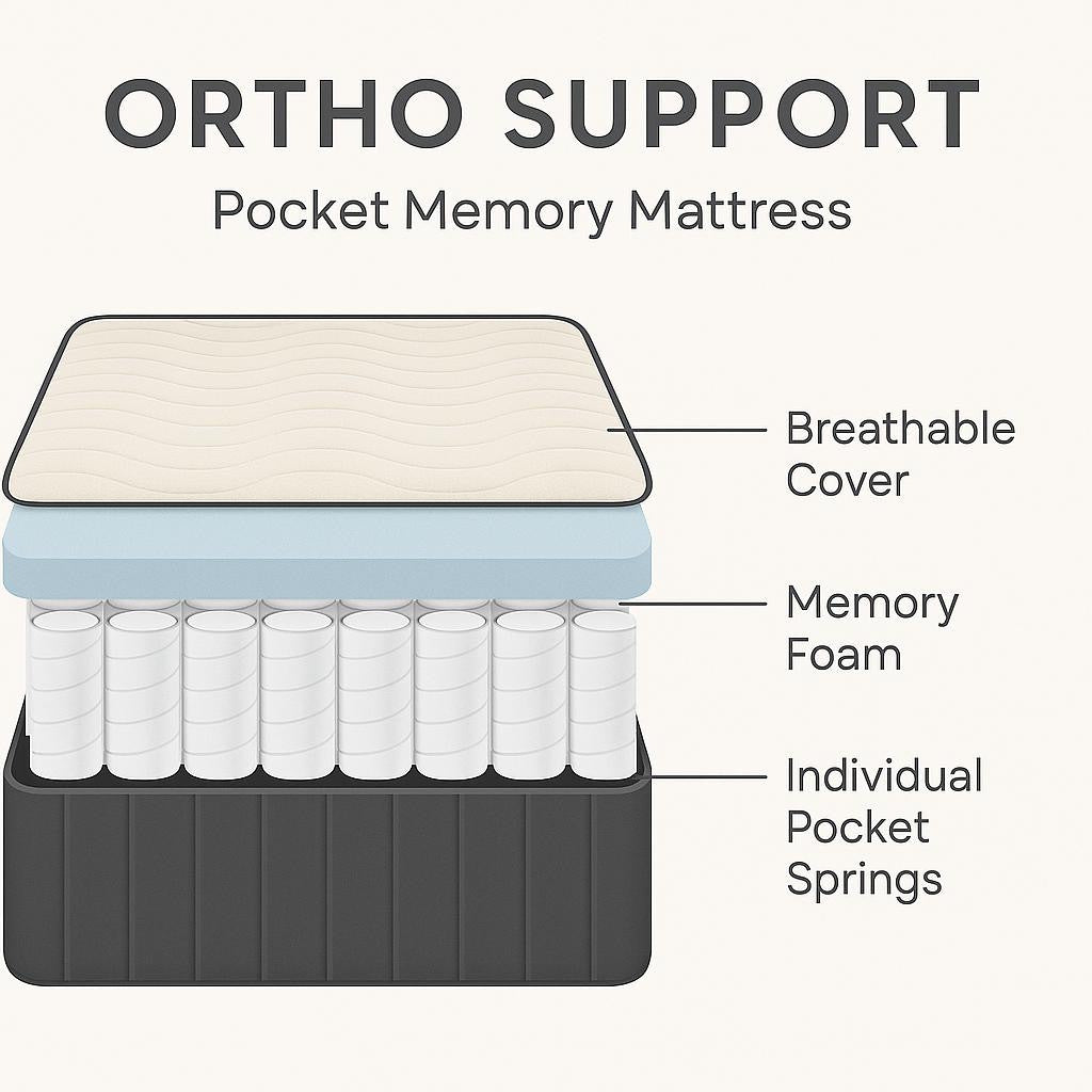 Ortho Support Pocket Memory Mattress - Medium-firm, Zoned Pocket Springs & Pressure Relieving Memory Foam, Hypoallergenic, Orthopedic Rolled & Boxed For Easy Set Up Home Bedding Supplies