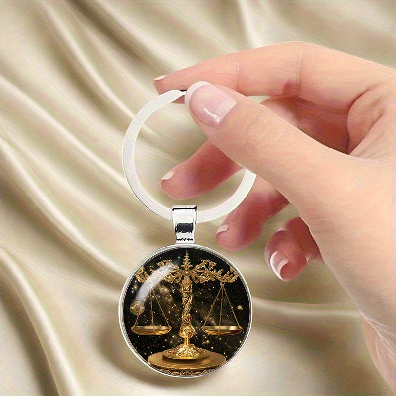2D Flat, 1pc Libra Zodiac Sign Keychain - Elegant Alloy Libra-Themed Key Ring with Convex Glass Beacon, Durable /Christmas/Valentine's Gift for &, Libra Charm Accessory for Keys or Bags, 2D Flat