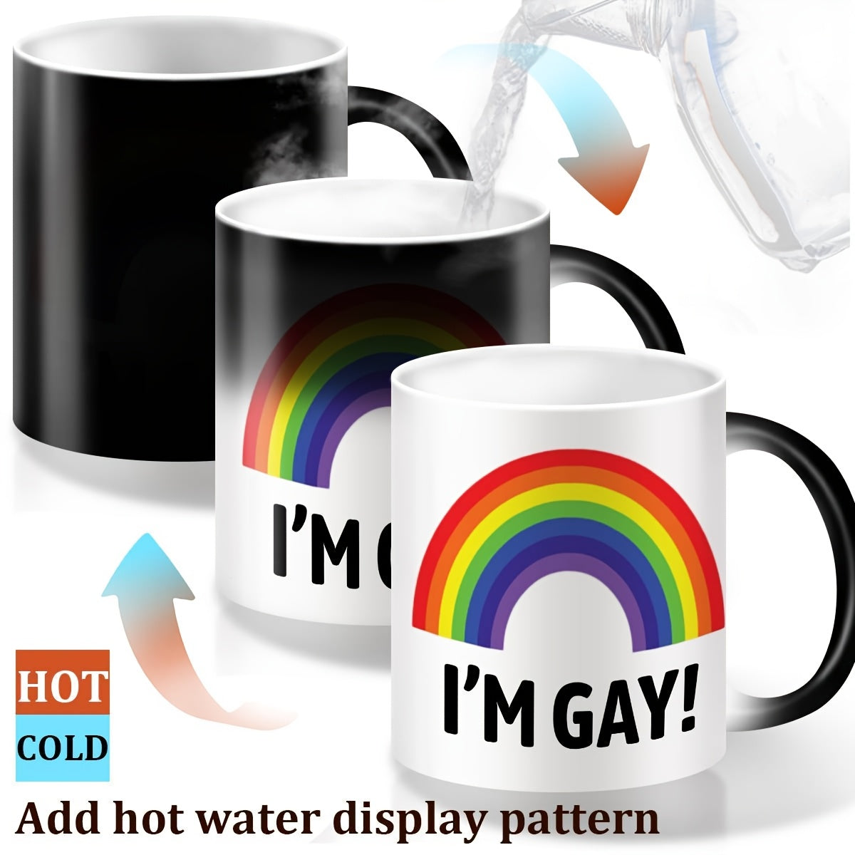 1-Pack Rainbow "I'm Gay!" Ceramic Coffee Mug - Color-Changing Humorous LGBTQ Pride Cup with Heat-Sensitive Design, Hand Wash Only, Funny Gift for Men, Boyfriend, Best Friend (Mother's Day, Birthday, Father's Day