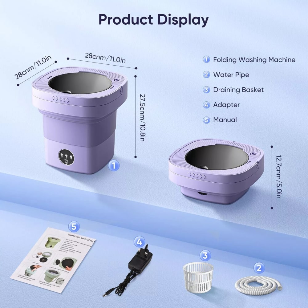 Portable Foldable Mini Washing Machine with Blue Light | Fast 10-Min Cleaning for Small Laundry | Ideal for Underwear, Socks, Towels, Travel & Dorm Use | Compact Washer with Spin Assist