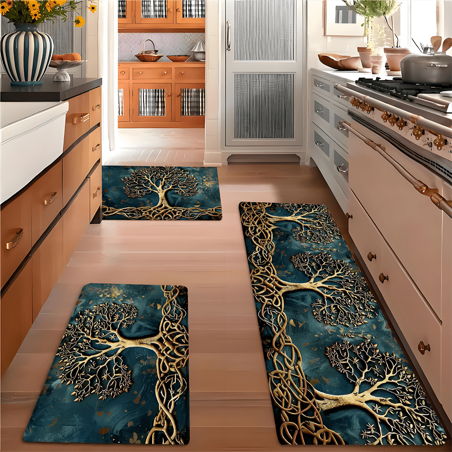 2/3 PCS Set TREE OF LIFE Kitchen Luxury Rug Set, Outdoor Indoor Entrance Mat, Welcome Mat, Suitable for Home, Living Room, Kitchen, Bedroom, Farmhouse, Study, Corridor, Laundry Room, Kitchen Mat, Shoe Scraper, Entry Mat, Home