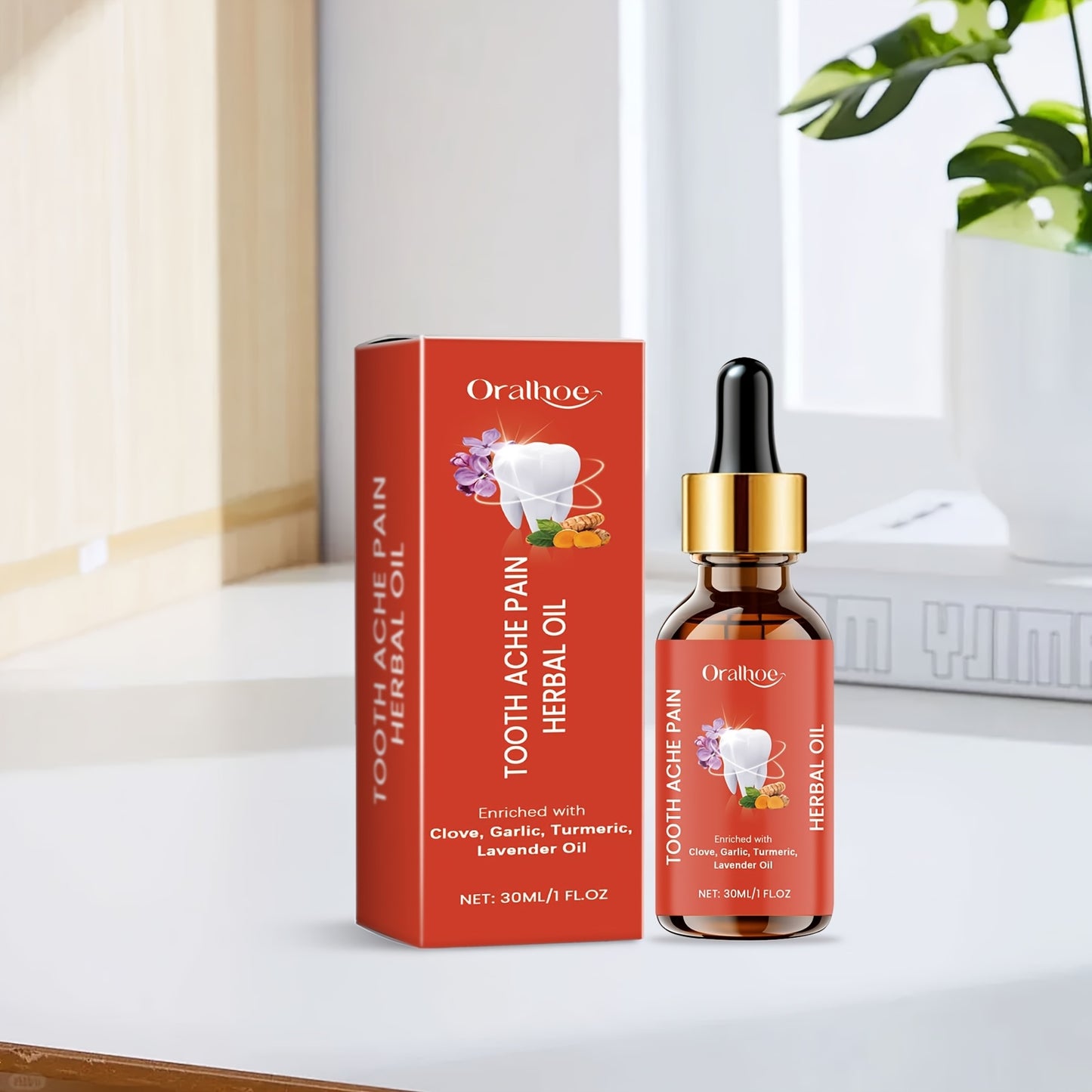 1pc Herbal Dental Care Essence 30ml Contains clove flower oil, garlic root oil, lavender oil and turmeric root oil to gently care for your mouth, teeth and gums, leaving your mouth feeling cool and comfortable with naturally