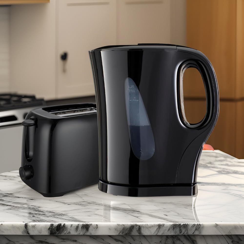2 PCS Set Kettle & 2 Slice Bread Toaster Kitchen Combo Set | 2200W 1.7L Cordless Jug Kettle Boil Dry Protection & Auto Shut Off | 650W 6 Level with Browning Control & Crumb Tray (Black/White)