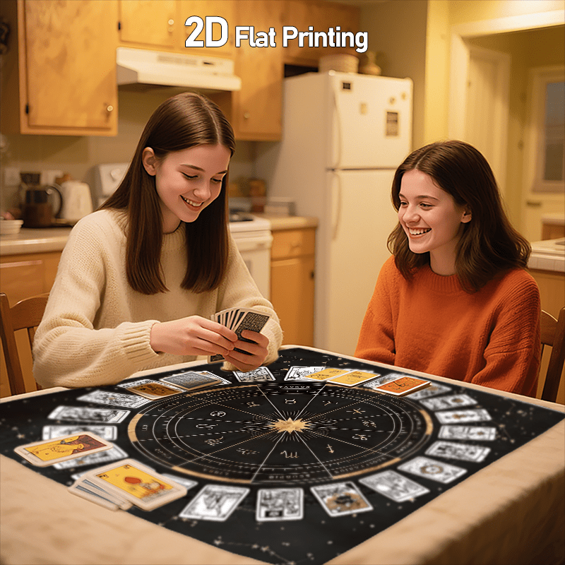 Zodiac Chart Tarot Tablecloth - Black & Golden Astrological layout with 12 Zodiac Signs - Heavy-Duty Machine-Washable Polyester Altar Cloth for Tarot, Astrology, Witchcraft, Meditation - Multiple Sizes (50x50/60x60/75x75/80x8