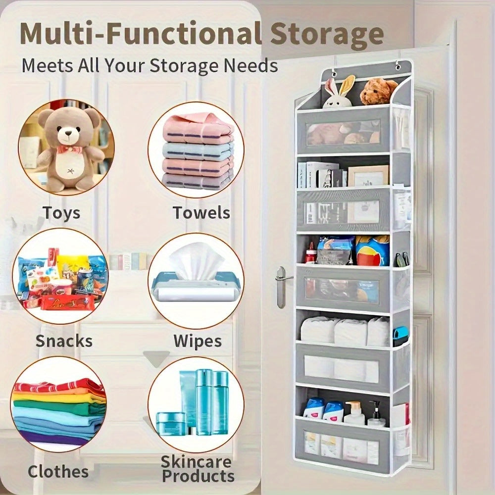 Durable 5-Tier Door Storage Rack - No-Drill Anti-Tip Door Hanging Rack, 44 Lbs Capacity (19.96 Kg), Space-Saving Hanging Storage Shelf, Suitable for Closets, Bathrooms, Kitchens, Nurseries - Easy-To-Clean Fabric Structure, Pe