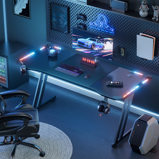 NEW RGB Gaming Black Desk Full Set with LED Lights and Mouse Pad, Large Ergonomic Computer Desk with Cup Holder & Headphone Hook, Modern Carbon Fiber Design for PC Gaming & Home Office