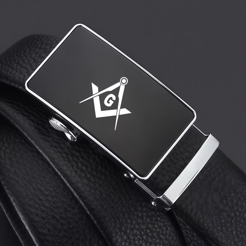 Freemason G-Inspired Pattern Men's Business Leather Belt, Fashionable Automatic Buckle for Secure and Effortless Wear, A Must-Have for Gentlemen, Suitable for Commuting and Travel, High Quality Belt